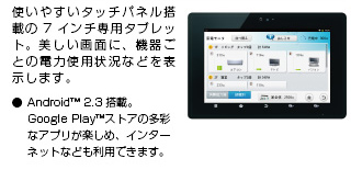 機器ごとの電力使用状況などを表示するタッチパネル搭載の専用タブレット端末です。